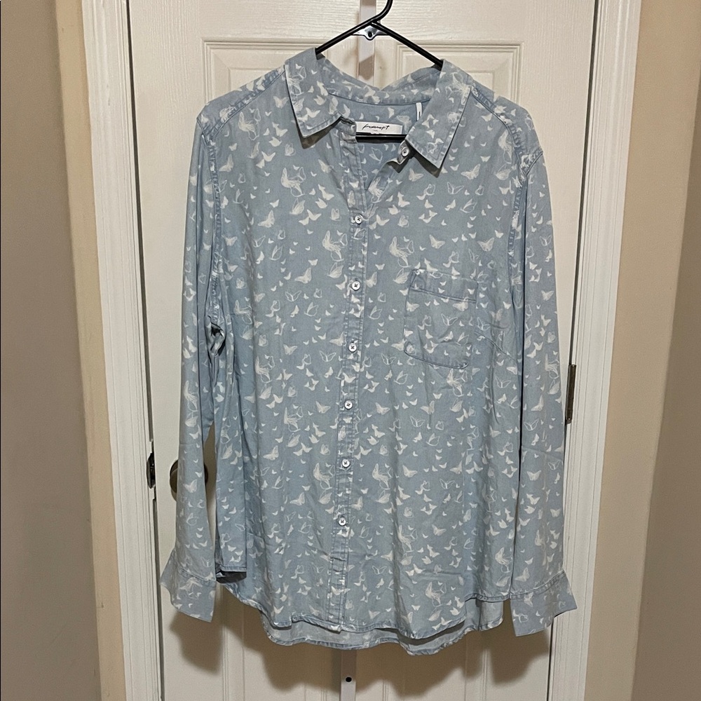 Foxcroft Light Blue Shirt with White Butterfly Print